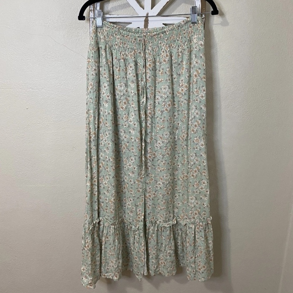 BY THE RIVER meidum BOHO FLORAL PRINT MAXI SKIRT SLIT FRONT ELASTIC WAIST